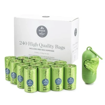 Image of Baker &amp; Bray Eco Friendly Dog Poo Bags With Free Poop Bag Dispenser, Extra Thick Waste Refill Rolls For Dogs, Guaranteed Leakproof, 240