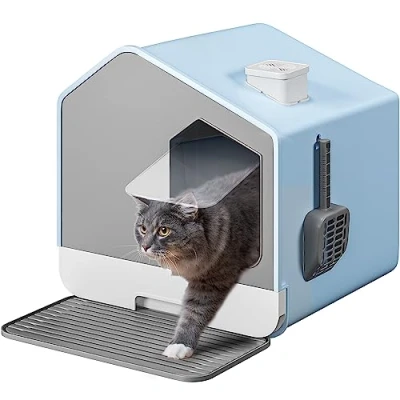 Image of YITAHOME Cat Litter Box with Lid, Hut Design, Enclosed Large Tray Hood, Deep Toilet Drawer Pan Scoop Mat Deodorizer Filter, High Sided House（Blue）