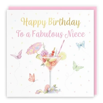 Image of Hunts England Niece Pink Cocktail And Butterflies Elegant Birthday Card Luxury Gold Foil Milo&#039;s Gallery Drinks, Flowers, Hearts Female For