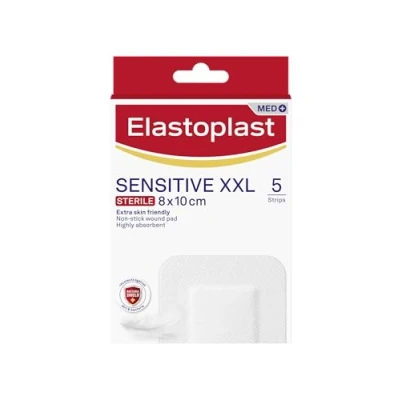 Image of Elastoplast Sensitive XXL Med+ Dressings (5 Plasters), Pack of First Aid Plasters, Larger Everyday Plasters for Post Operative Wounds, Skin Friendly Sterile 0% Latex, Clear