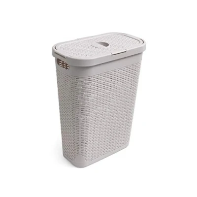Image of Addis Faux Rattan 40 Litre Family Slim Laundry Clothes Washing Hamper Bin with Lid, Beige, Calico/Cream