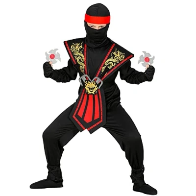 Image of Widmann 10238085 Children&#039;s Ninja Costume with Weapon Set, Black Red, 158