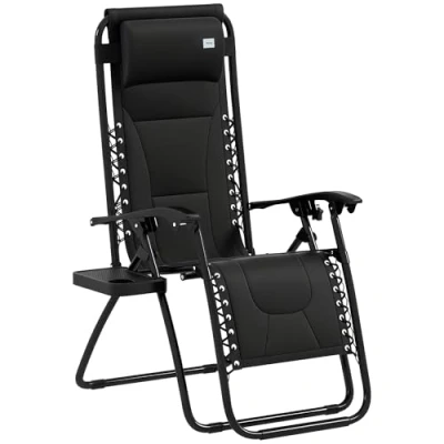 Image of Outsunny Zero Gravity Lounger Chair, Folding Reclining Patio Chair with Padded Seat, Cup Holder, Soft Cushion and Headrest for Poolside, Camping, Black