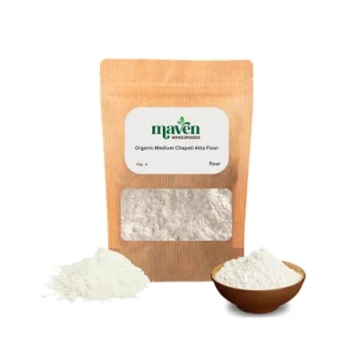 Image of Maven wholefoods Organic Wholemeal Wheat Flour Stoneground 1kg Raw GMO Free High Fibre &amp; Protein Certified Suitable for Vegetarian Vegan Packed Fresh in Resealable Bags
