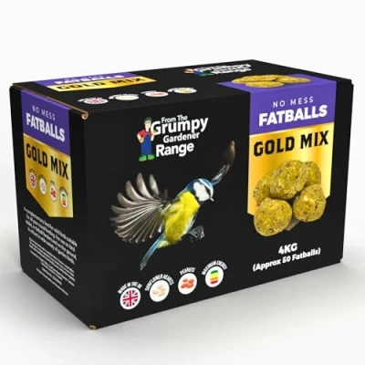 Image of Grumpy Gardener Fat Balls for Wild Birds Gold Mix Suet enriched Ingredients, Beef Tallow, Chipped sunflower hearts and Peanuts Ultimate Bird Food Treat (50 pack, 4kg)