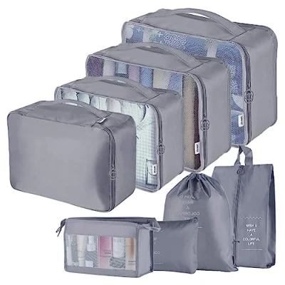 Image of Travel Packing Cubes, Toifucos Multifunction 8pcs/set Luggage Organiser Waterproof Compression Suitcase Essential Bag, Dark Gray