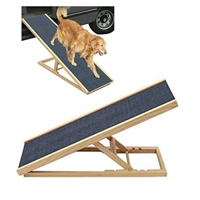 Image of Dog Ramp Adjustable Heights, Strong Wooden Pet for Large Non Slip Surface Folding Ladder Heavy Duty Travel, Carpet, Great Car, Truck (L100xW40cm, H30/40/50/60cm)