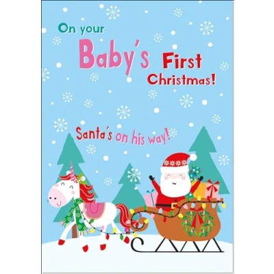 Image of doodlecards Babys 1st Christmas Card Magic Santa&#039;S Sleigh with Unicorn Medium Size Plain Envelope