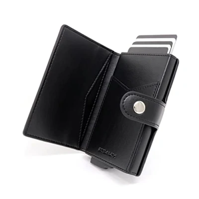 Image of Stealth Wallet RFID Card Holder Smart Minimalist Pop Up Wallets with Gift Box Slim Lightweight Metal Credit Holders for Men &amp; Contactless Protector (Black Leather, ID Pocket)
