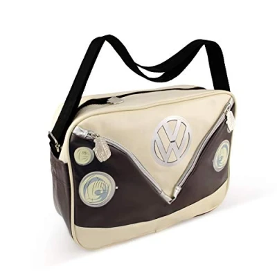 Image of BRISA VW Collection Volkswagen Shoulder Travel Messenger Bag with T1 Bus Campervan Motif (Bus Front/Brown)