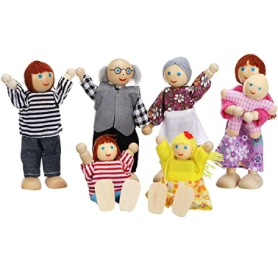 Image of Lifreer Dolls Family Set Houses People, Sets of 7 People Wooden Doll Toys House Accessories for Kids Children Toy, Furniture Miniature