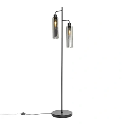 Image of Qazqa Modern Floor lamp Black with Smoke Glass 2 Lights Stavelot Suitable for LED E27 Light Living Room I Bedroom