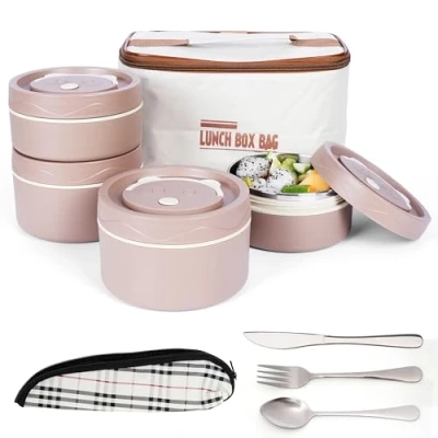 Image of BELLE VOUS 5 Piece Portable Insulated Lunch Container Set with Cutlery 4 Stainless Steel Leakproof Stackable Food Bento Boxes Thermal Bag Box for Adults/Students Brown