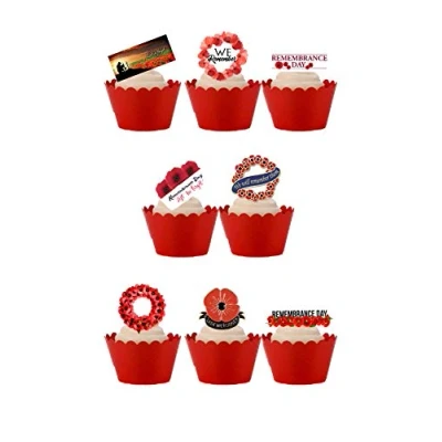 Image of 24 Stand Up Remembrance Day Poppy Themed Edible Wafer paper Cake Toppers Decorations