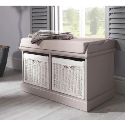 Image of Tetbury Storage Bench with Cushion Seat Hallway 2 White Wicker Baskets Liners W76cm H46cm D40cm Fully Assembled Very Sturdy (truffle)
