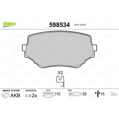 Image of 5520065D00, 5520065D01, 5520065D10, 5520065D11, 5520065D30 Brake pad set VALEO 598534 Front Axle incl. wear warning contact without anti squeak plate