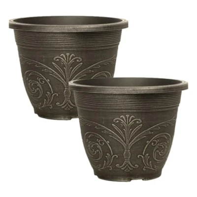 Image of Fyne Finds Set of 2 Round Plant Pots 10L Garden Decorative Outdoor Brushed Champagne Gothic 30cm,12inch Planter Weatherproof Drainage Holes Pot