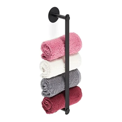 Image of Relaxdays Towel Storage Rail for Bathroom, Stainless Steel, 40.5 cm, Without Drilling, Self Adhesive to The Wall, Black, 70% 30% Aluminium