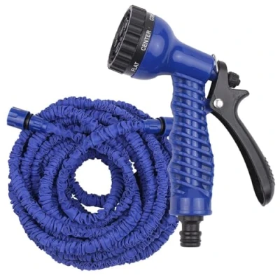 Image of 75ft Expandable Garden Hose Pipe, Flexible Expanding Hosepipe with 3/4&quot;, 1/2&quot; Fittings &amp; 7 Function Spray Gun Blue