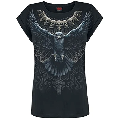 Image of Spiral Raven Skull Turnup Sleeve Loosefit Tee S Black