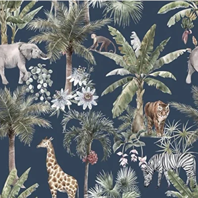 Image of Melody Jane Dolls House Navy Jungle Animal Tropical Pattern Miniature Print Wallpaper 1:12