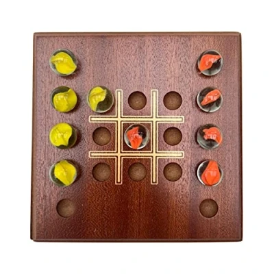 Image of Noughts and Crosses marble game with wooden board Tic Tac Toe strategy solitaire includes 10 glass marbles 14cm x