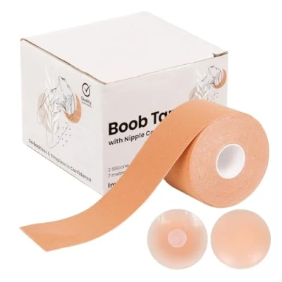 Image of ASAB 7M Boob Tape for Large Breasts with 2 Silicone Nipple Covers Adhesive Tit Reusable Breast Dresses Booby Body Fits All Sizes Invisible Lift Go Strapless Beige