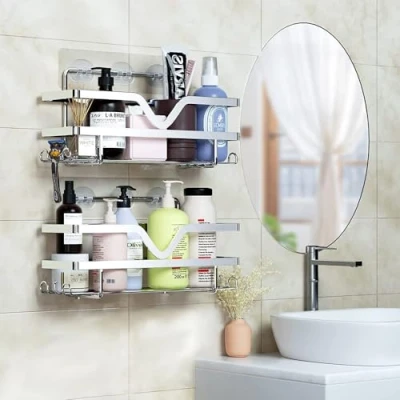 Image of ASelected 2 Pack Shower Caddy, Bathroom Shelf Organiser No Drilling, Adhesive Storage Rack for Bathroom/Kitchen with Razor Holder, Durable Stainless Steel 4 Hooks, Silvery