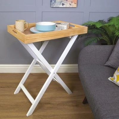 Image of Folding Butlers Tray &amp; Stand Stylish Wooden Side Table with Detachable Top for Serving Food or Drinks Ideal Home, Garden, Kitchen, Lounge, Bedroom, Caravan, Camping H77 x W60 D40cm, White