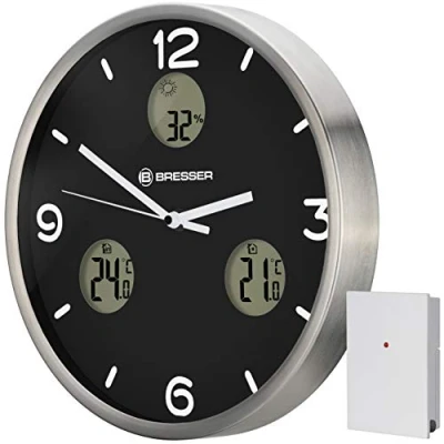 Image of Bresser Wall Clock, Brushed Aluminum, Black (New Version), 30 cm