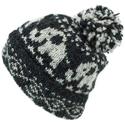 Image of LOUDelephant Wool Knit Bobble Beanie Hat Charcoal Pattern