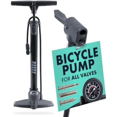 Image of AARON Air Bicycle Floor Pump with Pressure Gauge for All Valves, High Pump, Road Bike, Ball Attachment (Grey)