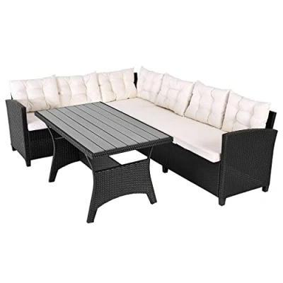 Image of CASARIA® Lisbon Polyrattan Garden Corner Lounge Dining Table Set Bench WPC Top 7cm Thick Seat Cushions Weatherproof Outdoor Patio Seating Group Furniture Black