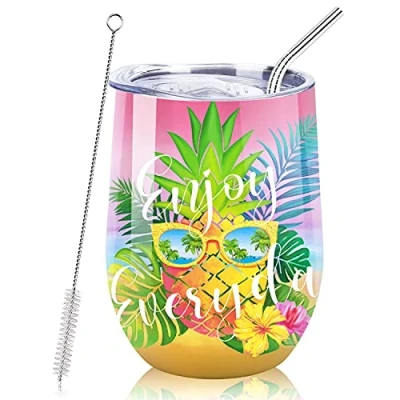 Image of NymphFable 12oz Pineapple Coffee Mug Travel Wine Tumbler with Lid and Straw Insulated Stainless Steel Glass Double Wall