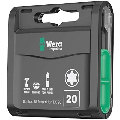 Image of Wera Bit Box 15 Impaktor TX20 TriTorsion Impact bits, anti cam out Torx 20x25mm, 15pc pack, 05057772001(use with 897 4 IMP Holder)