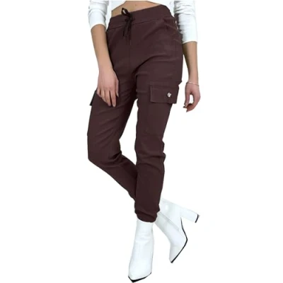 Image of Want Clothing Women&#039;s Button Cargo Pocket Denim Look Stretch Fit Combat Trousers Joggers Pants (UK, Alpha, L, XL, Regular, Brown)