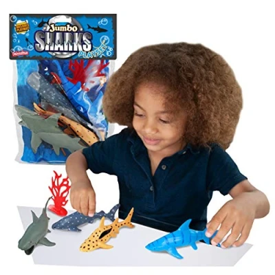 Image of Jumbo Playset shark from Deluxebase. large Animal Figures Toy Set. Bag of toys including a Great White and Whale Shark. Perfect for boys girls