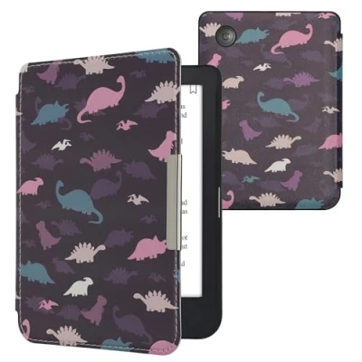 Image of kwmobile Case Compatible with Kobo Clara 2E / Tolino Shine 4 eReader Cover Dinosaurs Violet/Yellow/Blue