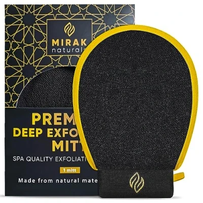Image of Mirak Naturals DEEP Exfoliating Mitt PREMIUM Body Scrubber Kessa Glove Double Sided Bath Shower Fake Tan Remover (Black 1 PC)