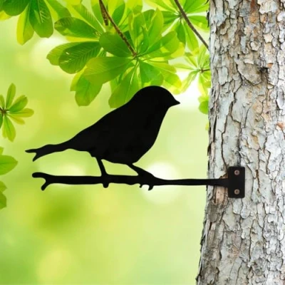 Image of Garden Mile Metal Decorative Black Tree Bird Animal Art Mounted on a Branch Ornament Outdoor Fence Post Mount Plaque Wall Silhouette Gift Robin Hawk Wren (Perched)