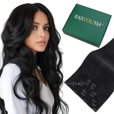 Image of Easyouth Black Clip in Hair Extensions Human Jet Real Exensions 22 Inch 120g 7Pcs