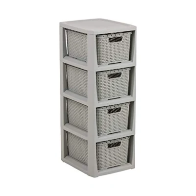 Image of Branq Home essential, Rattan Design BPA Free Plastic 4 Drawer Storage Unit, Ideal for Office, Bedroom and Bathroom Storage, 29.5 x 24 64.2 cm (LxWxH) Light Grey