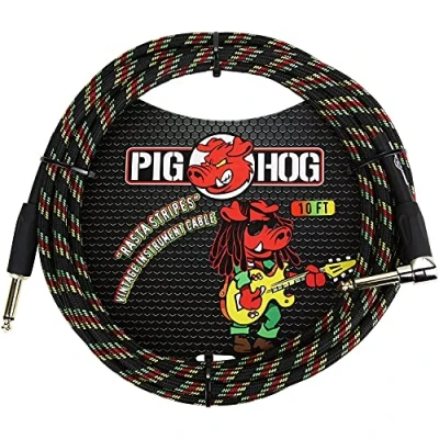 Image of Pig Hog PCH10RAR 1/4&quot; to Right Angle Rasta Stripes Guitar Instrument Cable, 10 Feet