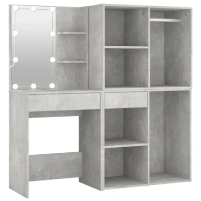 Image of vidaXL LED Dressing Table with 2 Cabinets Makeup Vanity Desk Jewellery Cosmetic Mirrored Storage Concrete Grey Engineered Wood