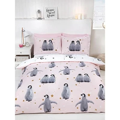 Image of Rapport Home Starry Penguins Duvet Set, Polyester Cotton, Pink, 2 pieces, Double
