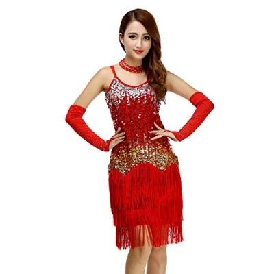 Image of Grouptap 1920 Gatsby latin women sequin tassel fancy 1930 dance skirt dress red salsa samba rumba ladies size 6/8/10/12 (Red, UK 6 12)