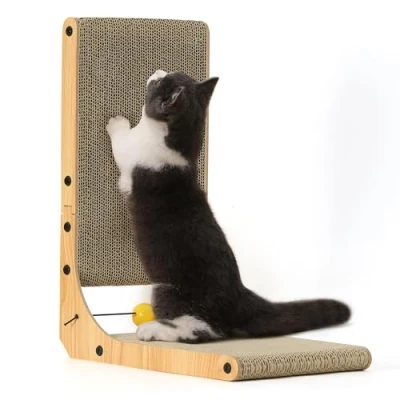 Image of FUKUMARU Cat Scratching Board, 48 cm High L Shaped Board for Cats, Durable with Ball Toy, Furniture Made of Cardboard Wall and Corner