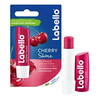 Image of Labello Cherry Shine Lip Balm with Soft Red and Shimmer Pigments Flavours, Care without Mineral Oils