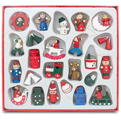 Image of BRUBAKER 22 Pcs. Set Hand Painted Wooden Christmas Tree Ornaments up to 1.6 Inches in Red Gift Box
