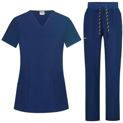 Image of B well BELLA Scrubs Uniforms Women Set Scrub Top + Pants Medical &amp; Uniform with Spandex, darkblue, XXXL